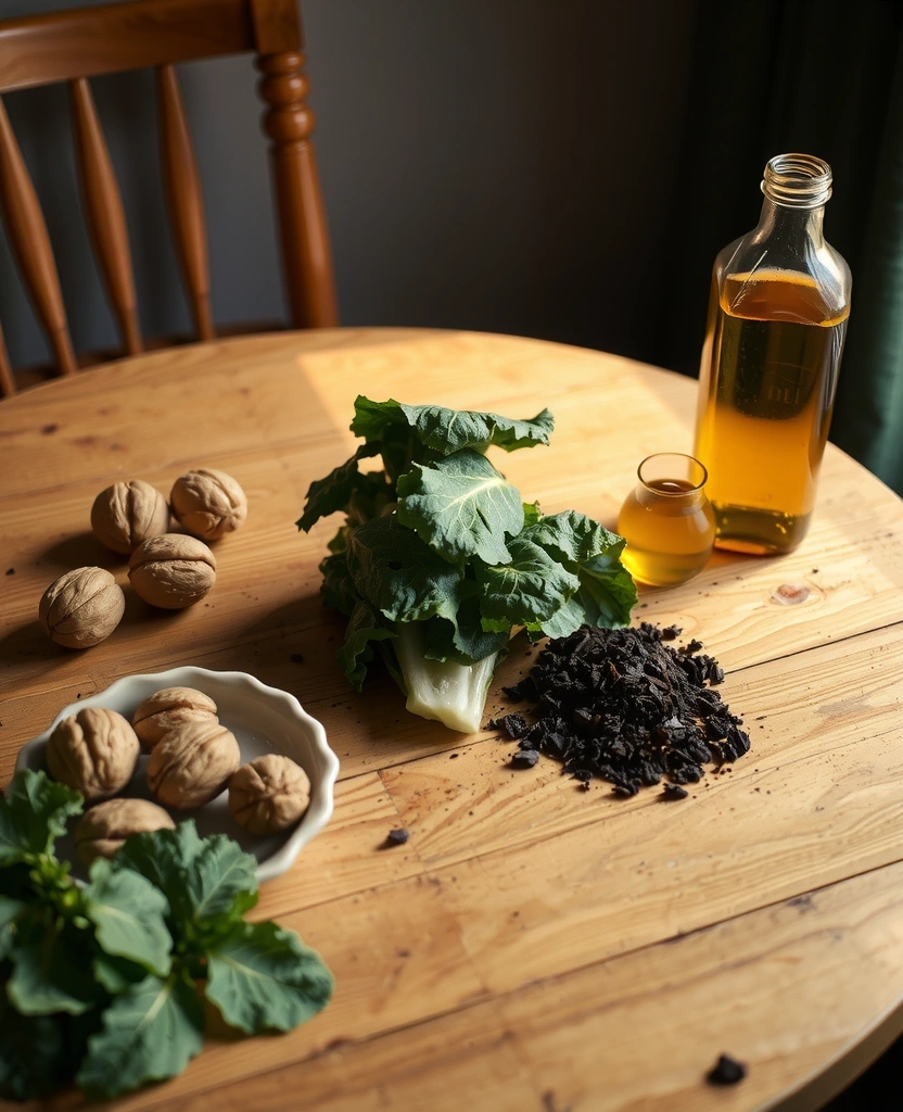 Ingredientes naturais e frescos numa mesa de madeira